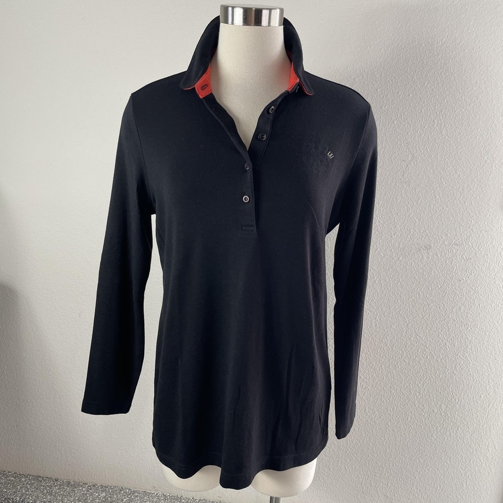 Louis Castel Polo Shirt Womens Large Black Long Sleeve Golf Contrast Collar